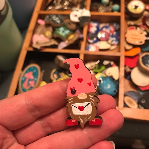 Handmade Jewelry - Hand-Painted Valentine Gnome Pin - Pink Red Hearts